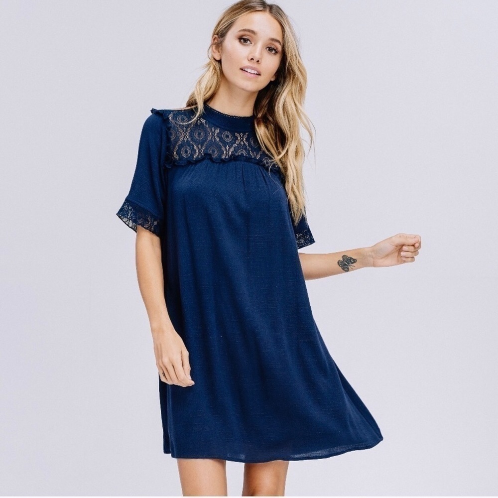 Crescent “Lillian” Boho Navy High Lace Neck Swing Dress